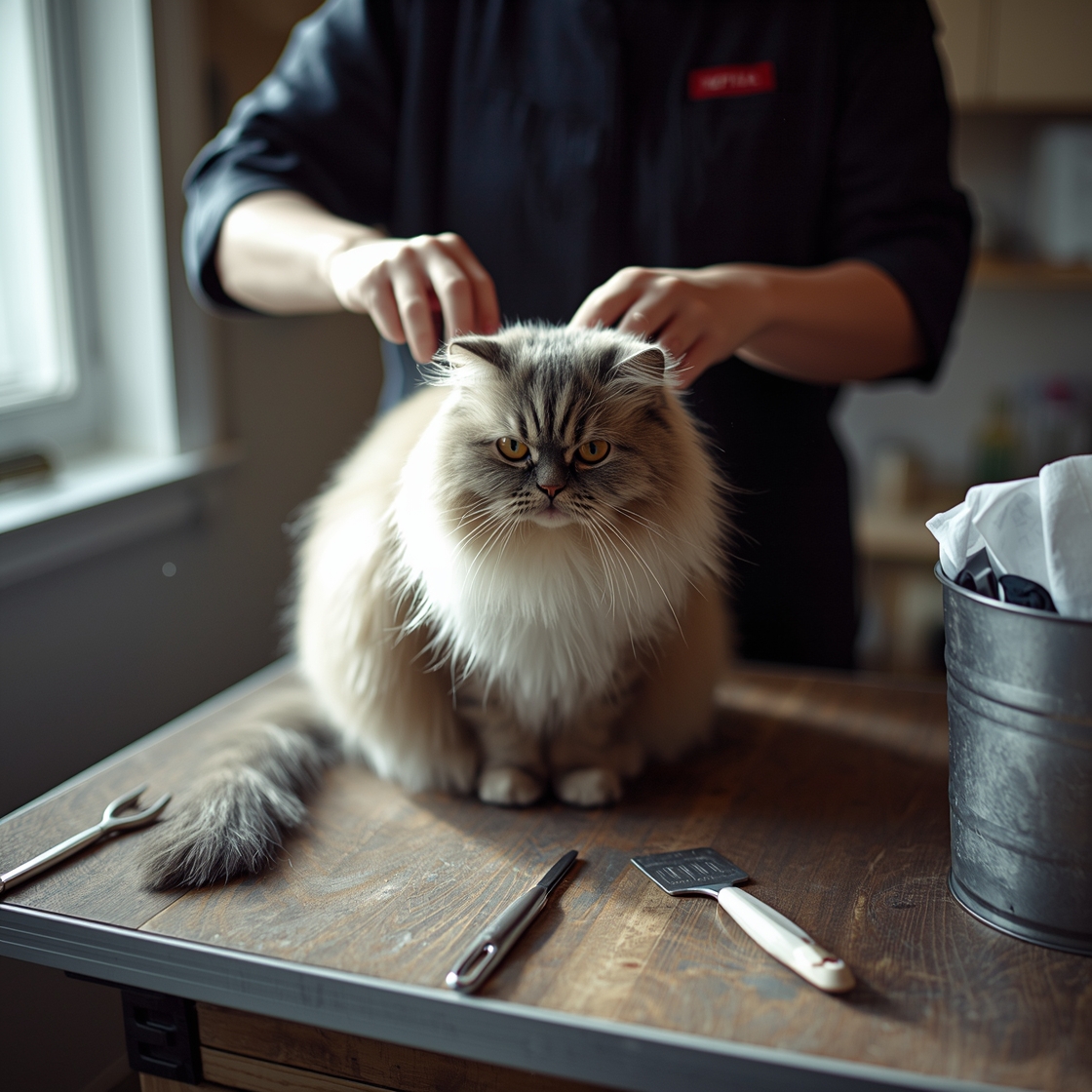 Cat groomer brushing longhair cat on wooden grooming table