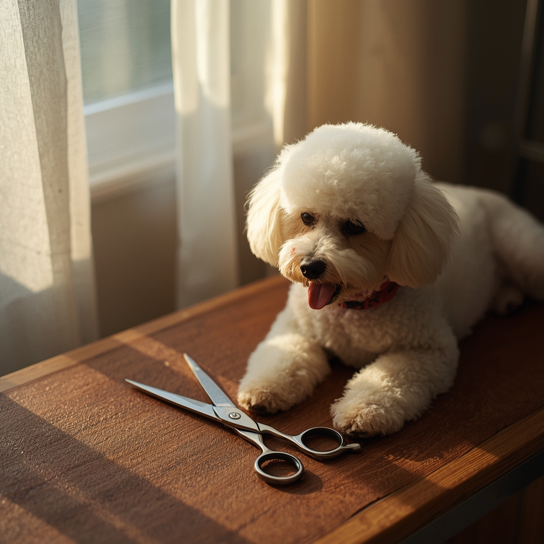 Pet grooming scissors for small dogs on a wooden table