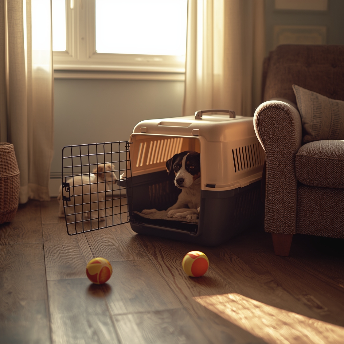 A comfortable pet carrier with a dog inside on wooden floor