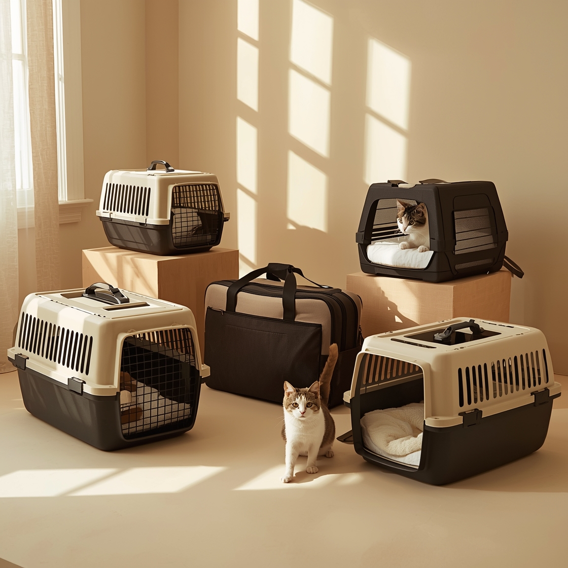 Top rated pet carriers for dogs and cats on neutral background