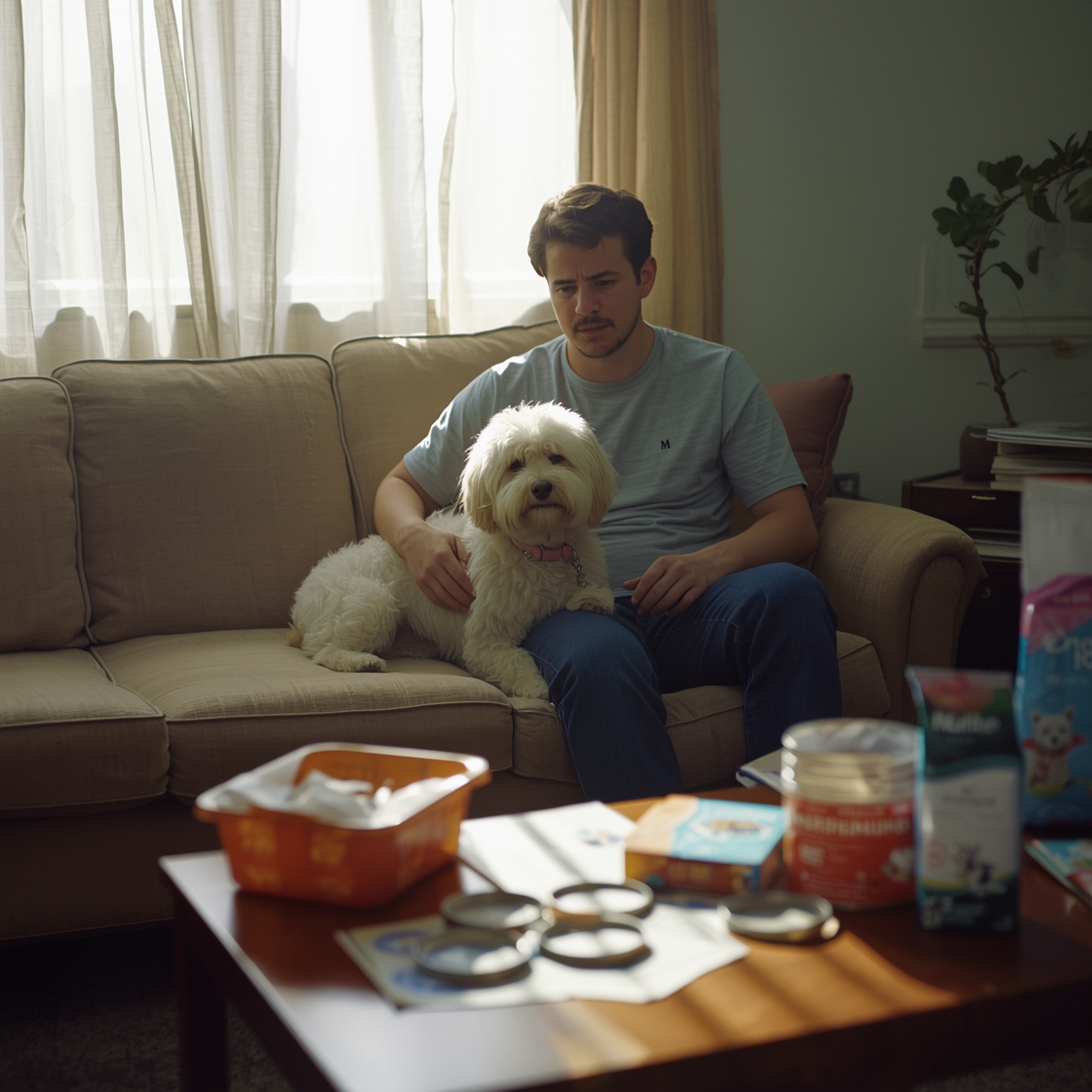 Pet owner and dog surrounded by high-fiber dog food and vet brochures