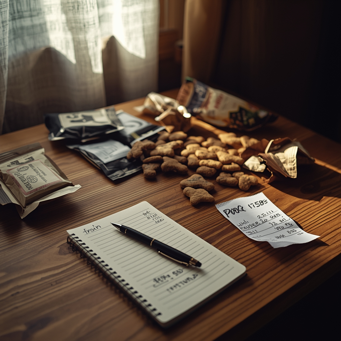 A cluttered desk with dog treats and pricing notes scattered around