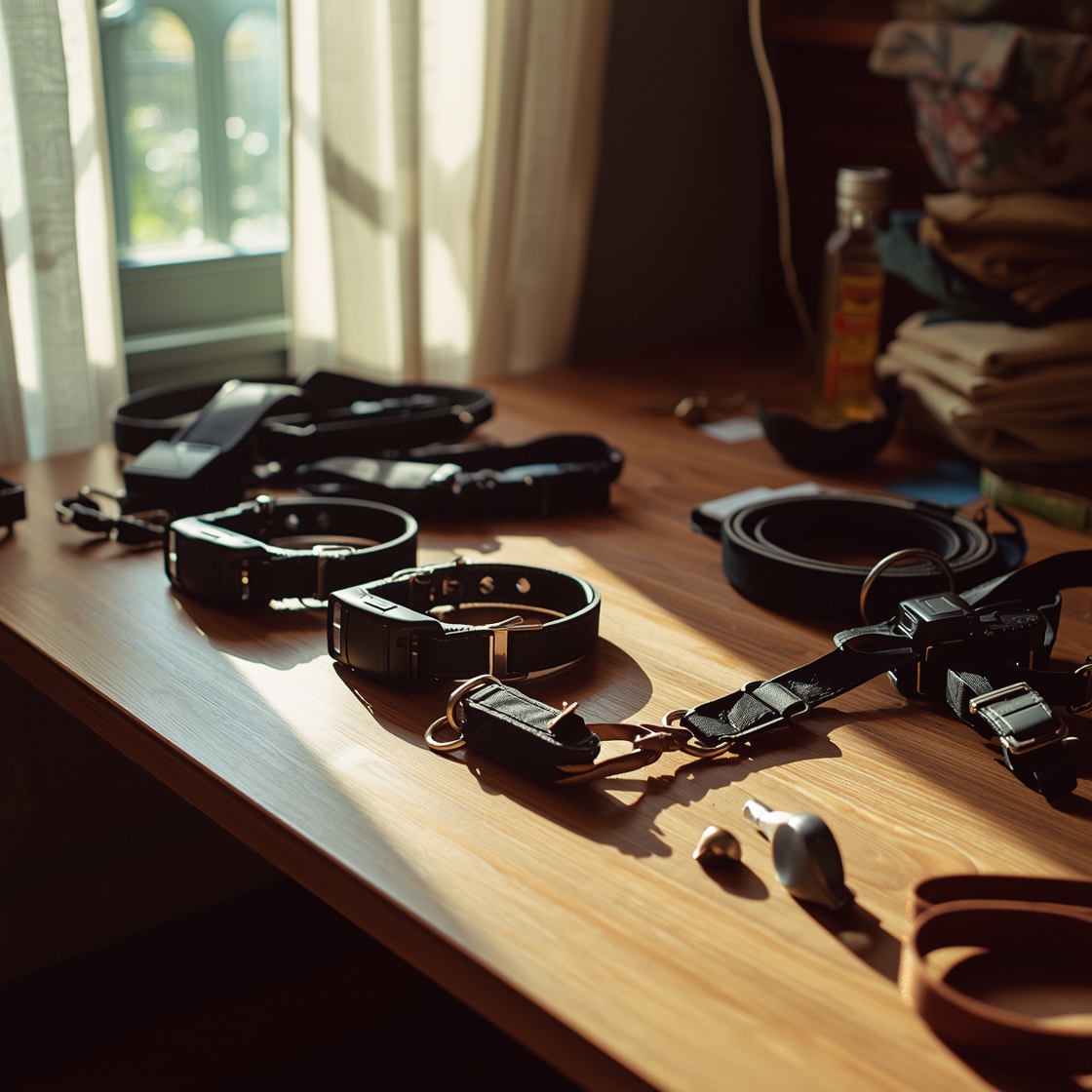 Various dog training collars and equipment on a wooden workbench