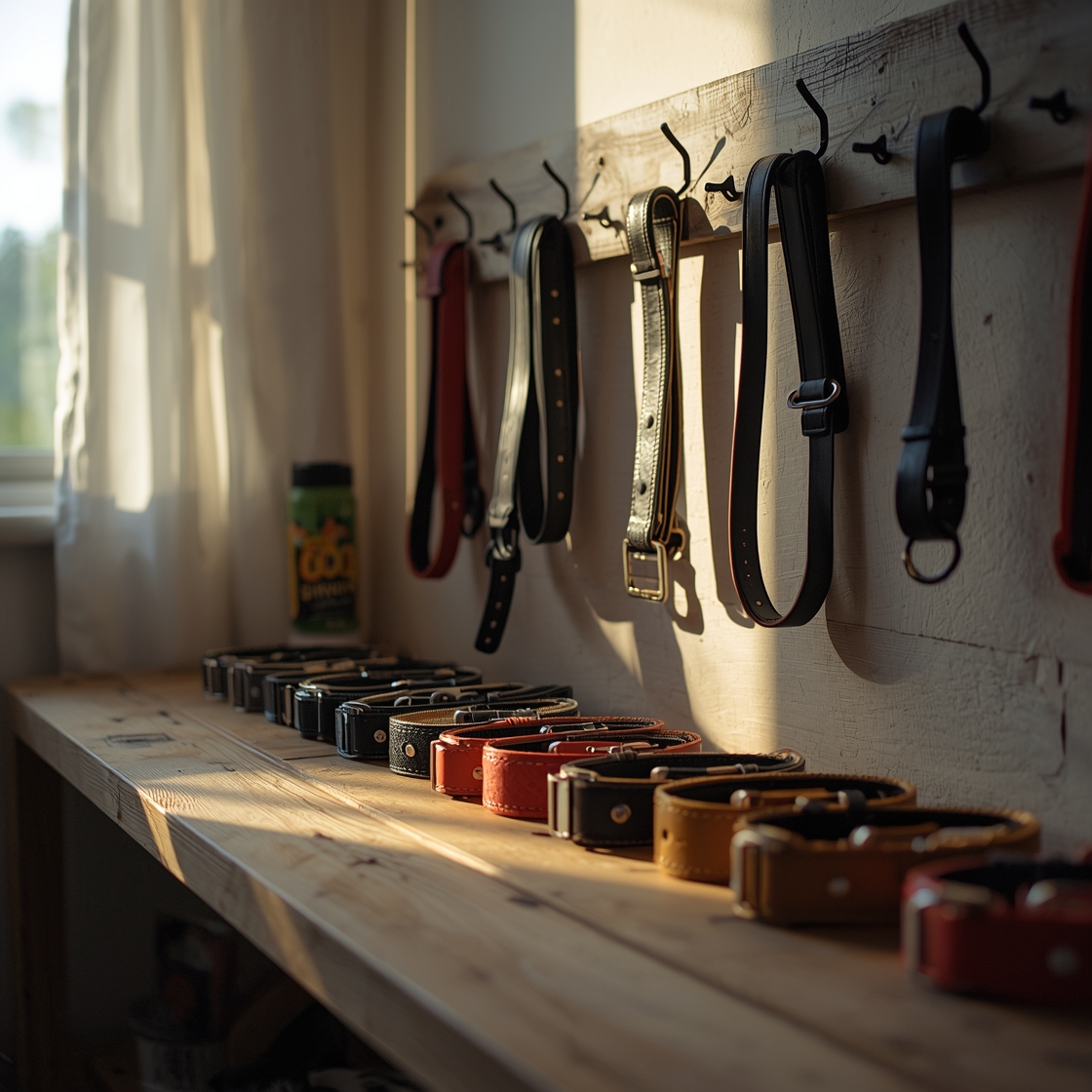 Dog training collars laid out on a wooden workbench for comparison
