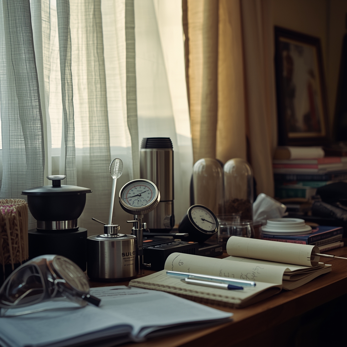 Cluttered desk with stainless steel cat fountains and testing gear