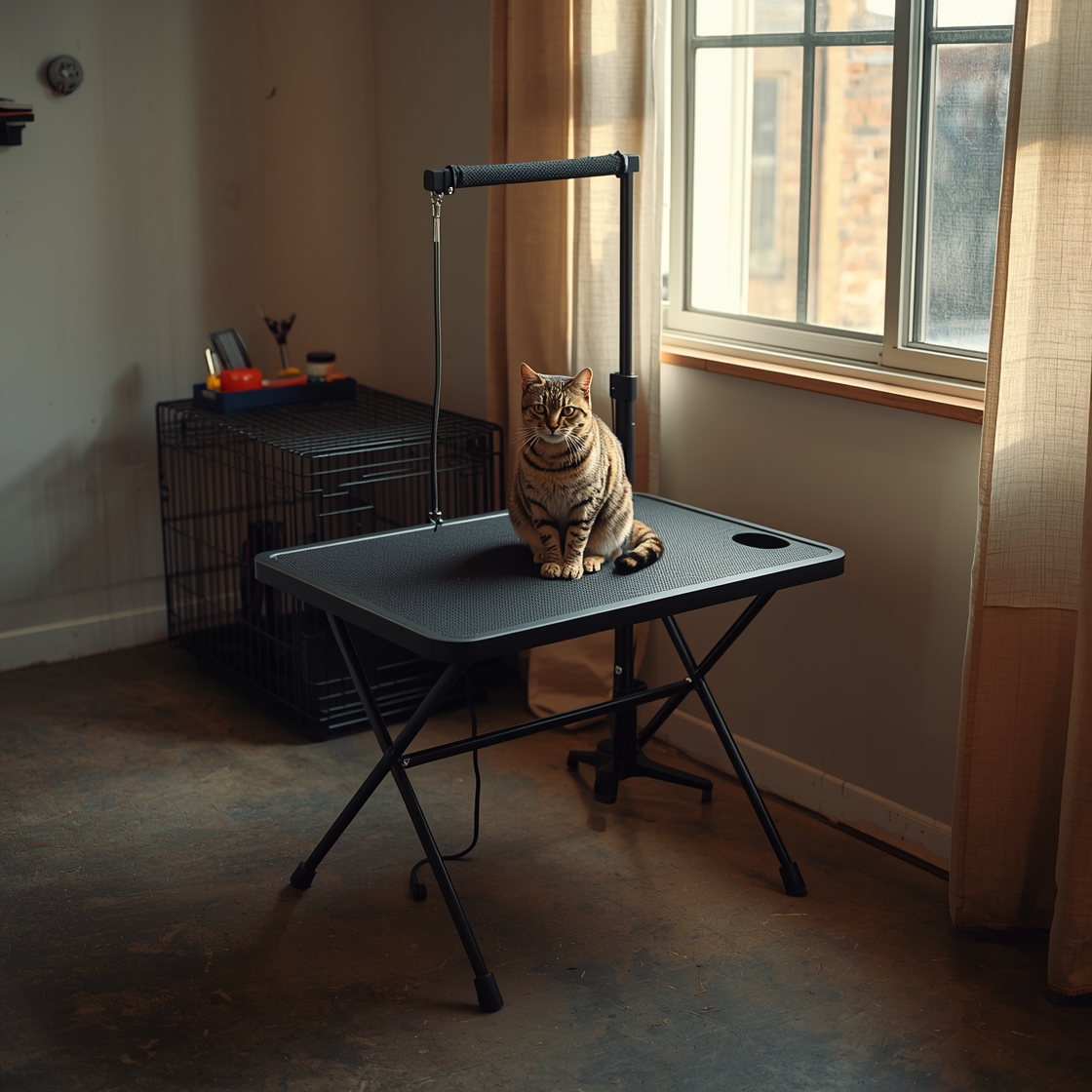 portable pet grooming table with a tabby cat