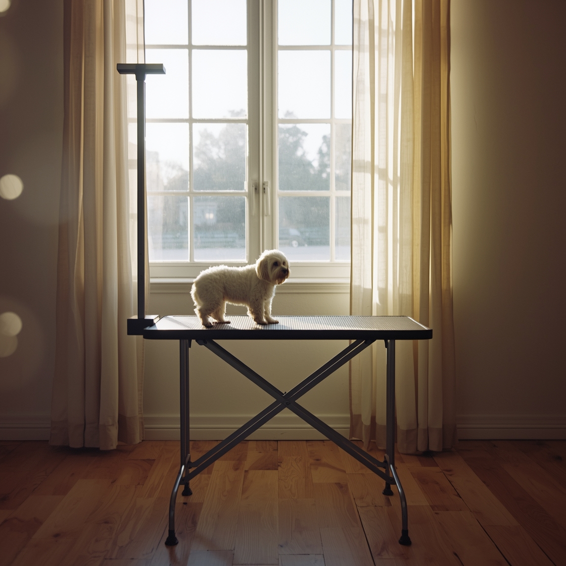 portable pet grooming table with small white dog on hardwood floor