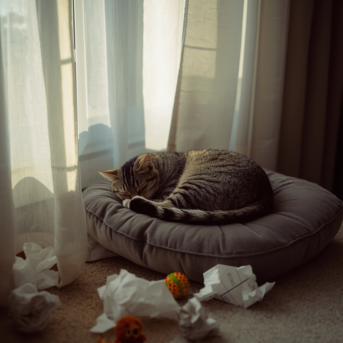 Serene tabby cat wearing calming collar on gray velvet cushion