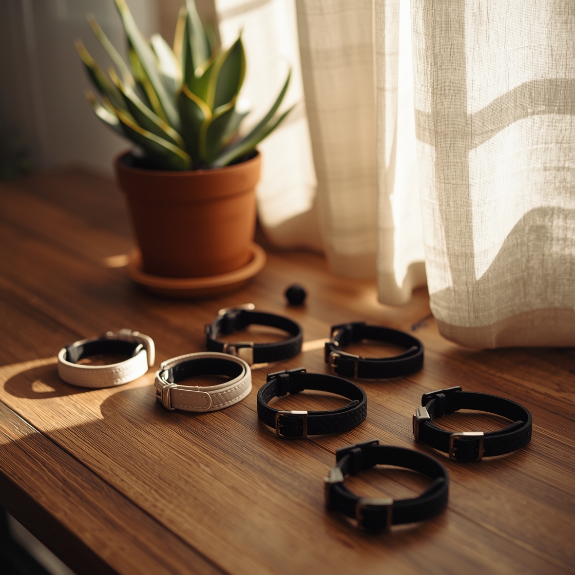 Five cat calming collars on a wooden desk beside a snake plant
