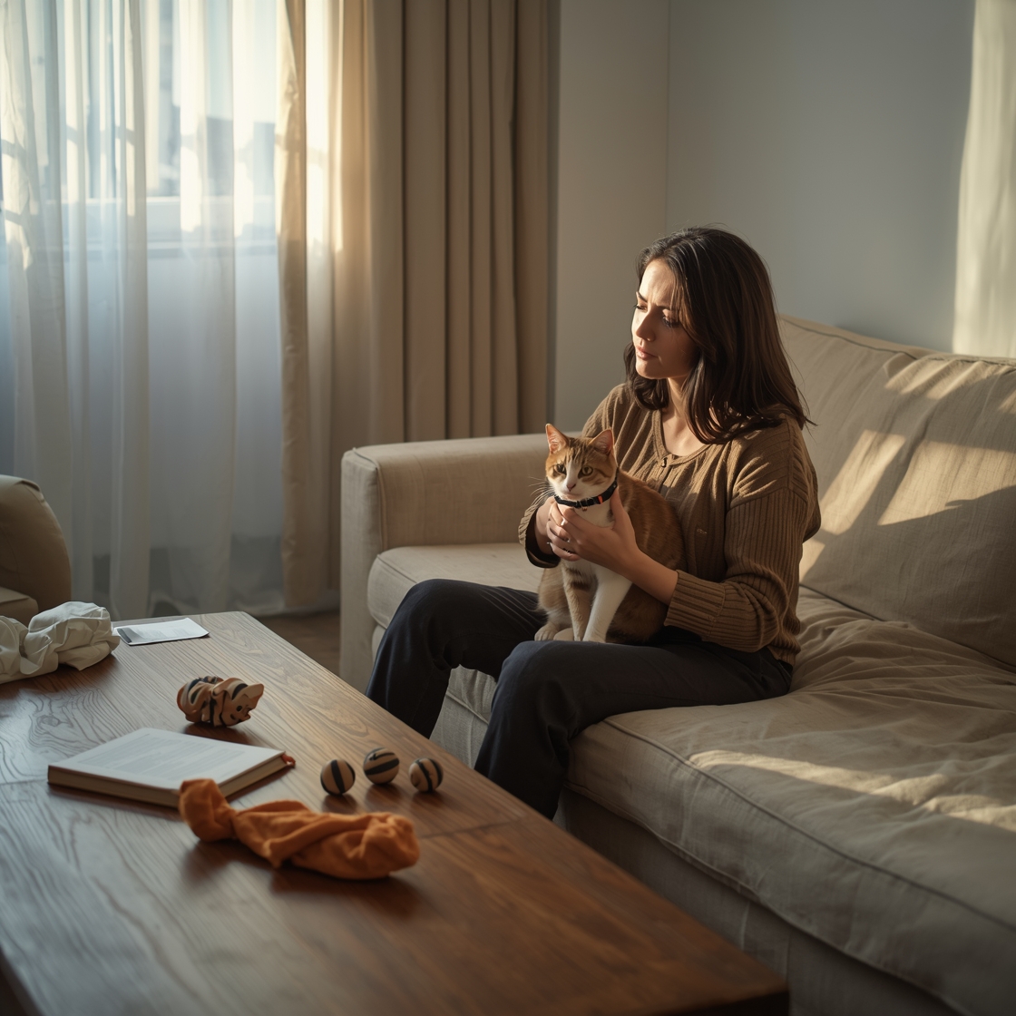 Cat owner considering calming collar for anxious pet