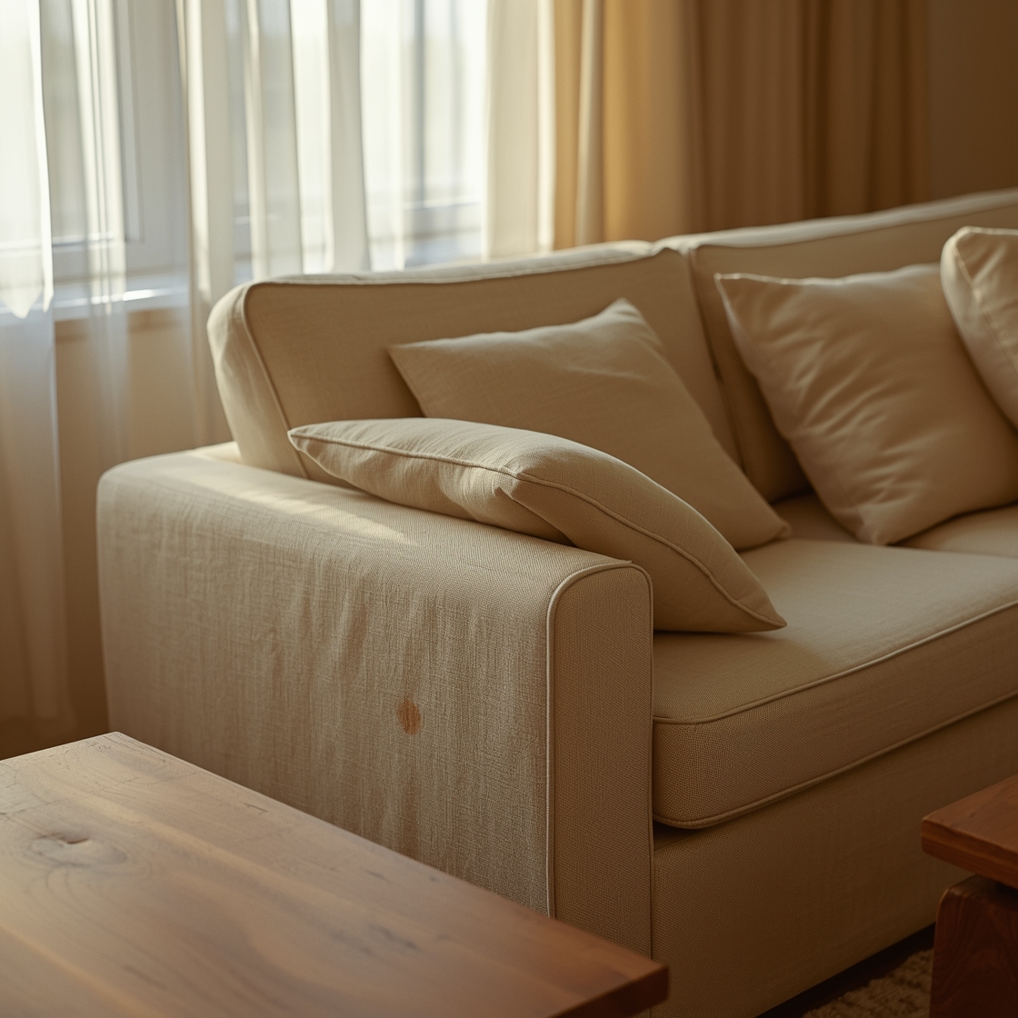 A beige sofa with a subtle pet stain on the armrest