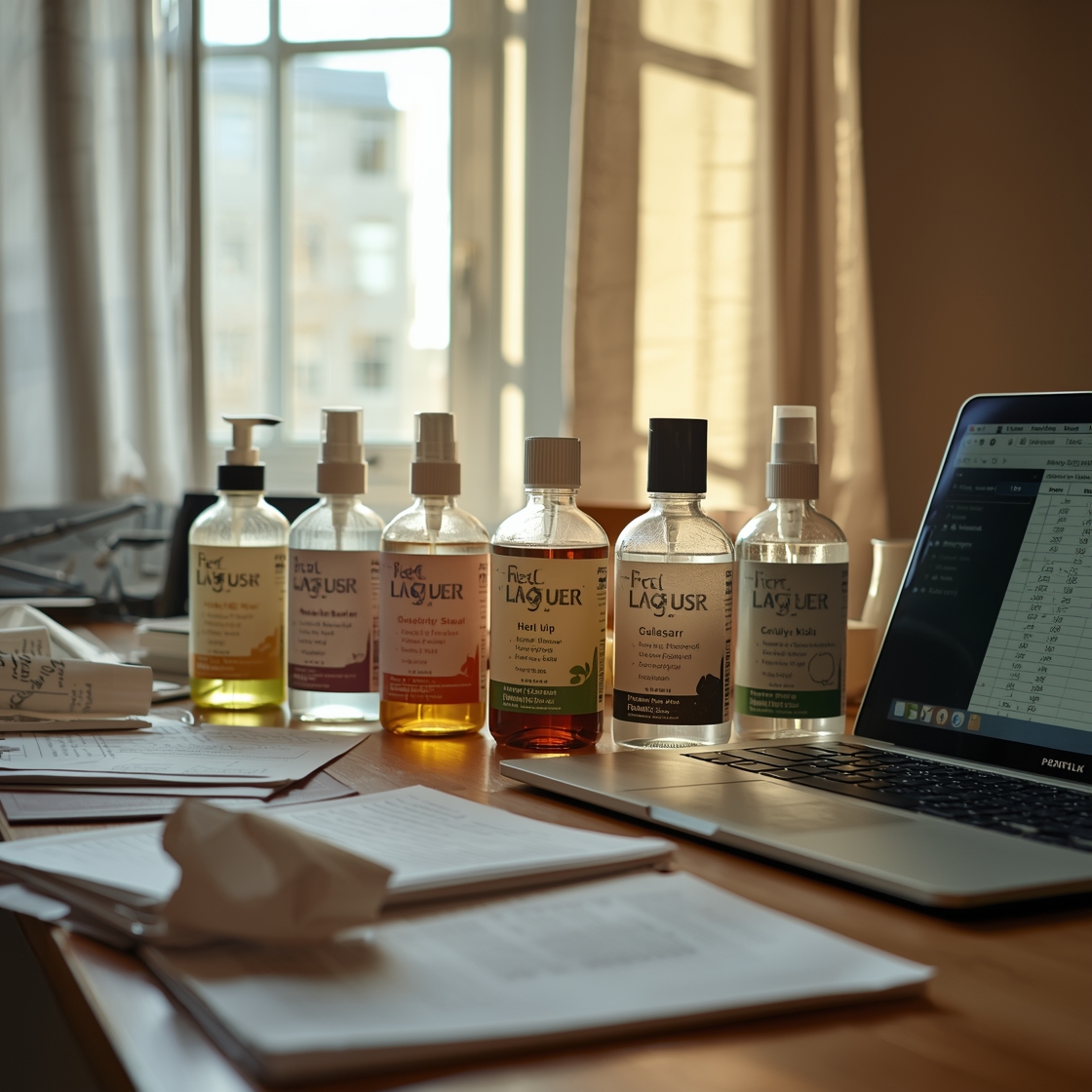 Pet stain remover bottles on a cluttered home office desk