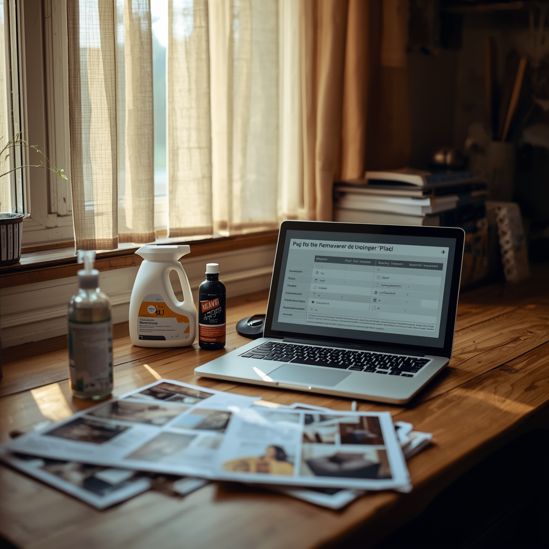 A cluttered desk with a laptop and papers comparing pet stain removers