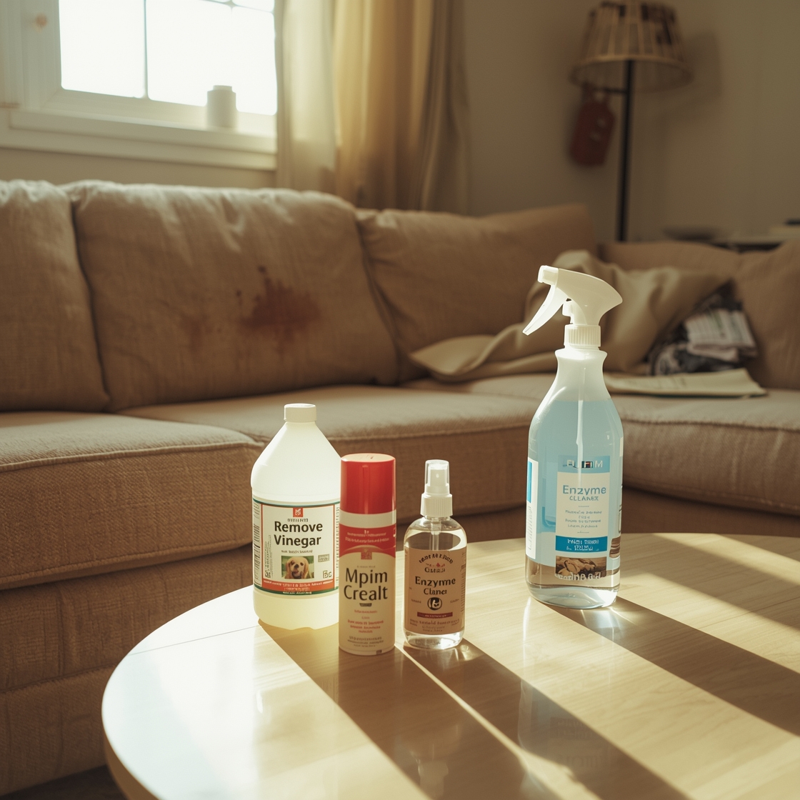 Pet stain remover products on a coffee table in a messy living room