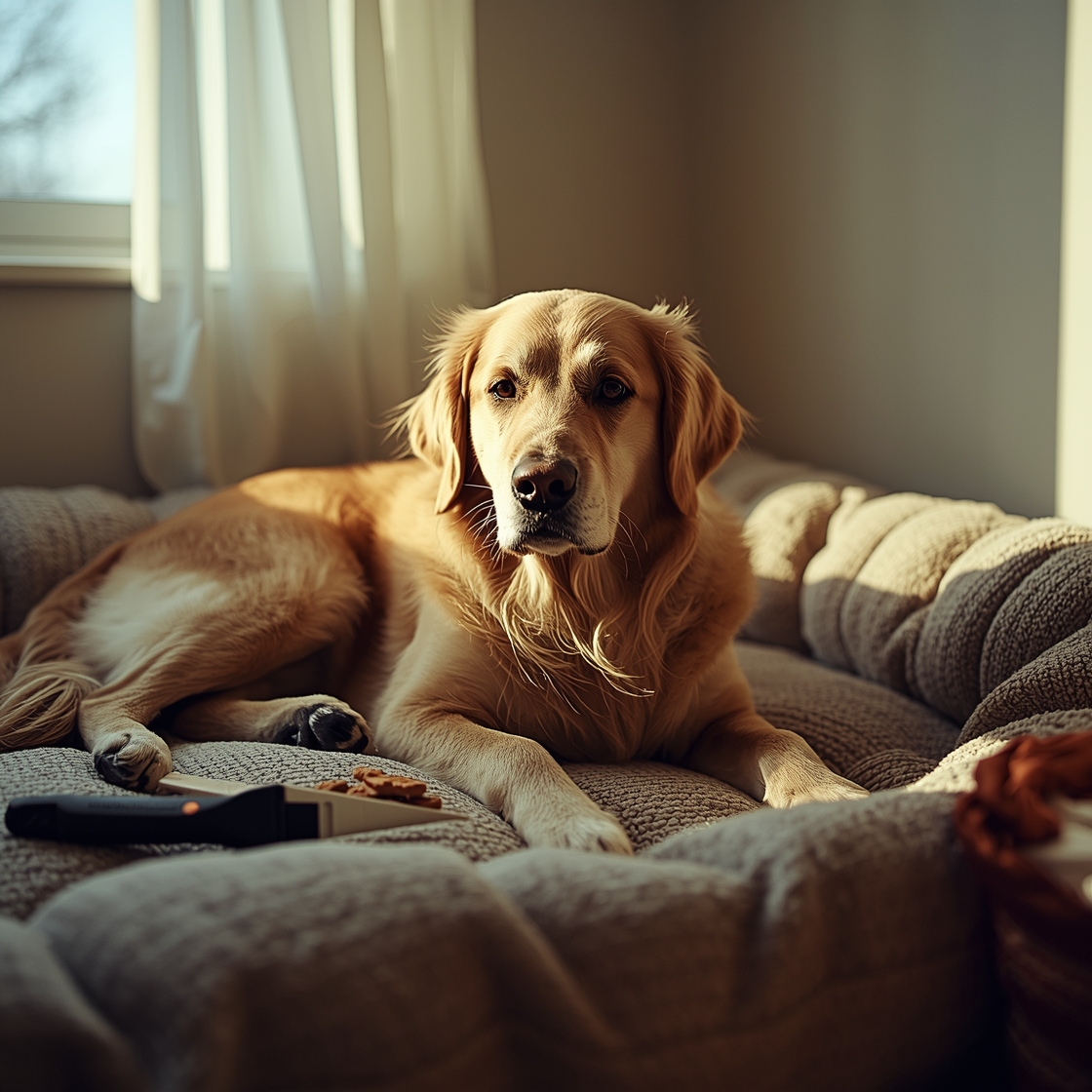 Senior golden retriever resting on orthopedic dog bed surrounded by grooming tools