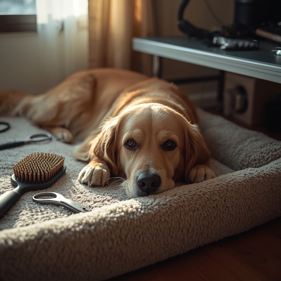 Senior golden retriever on orthopedic dog bed with grooming tools