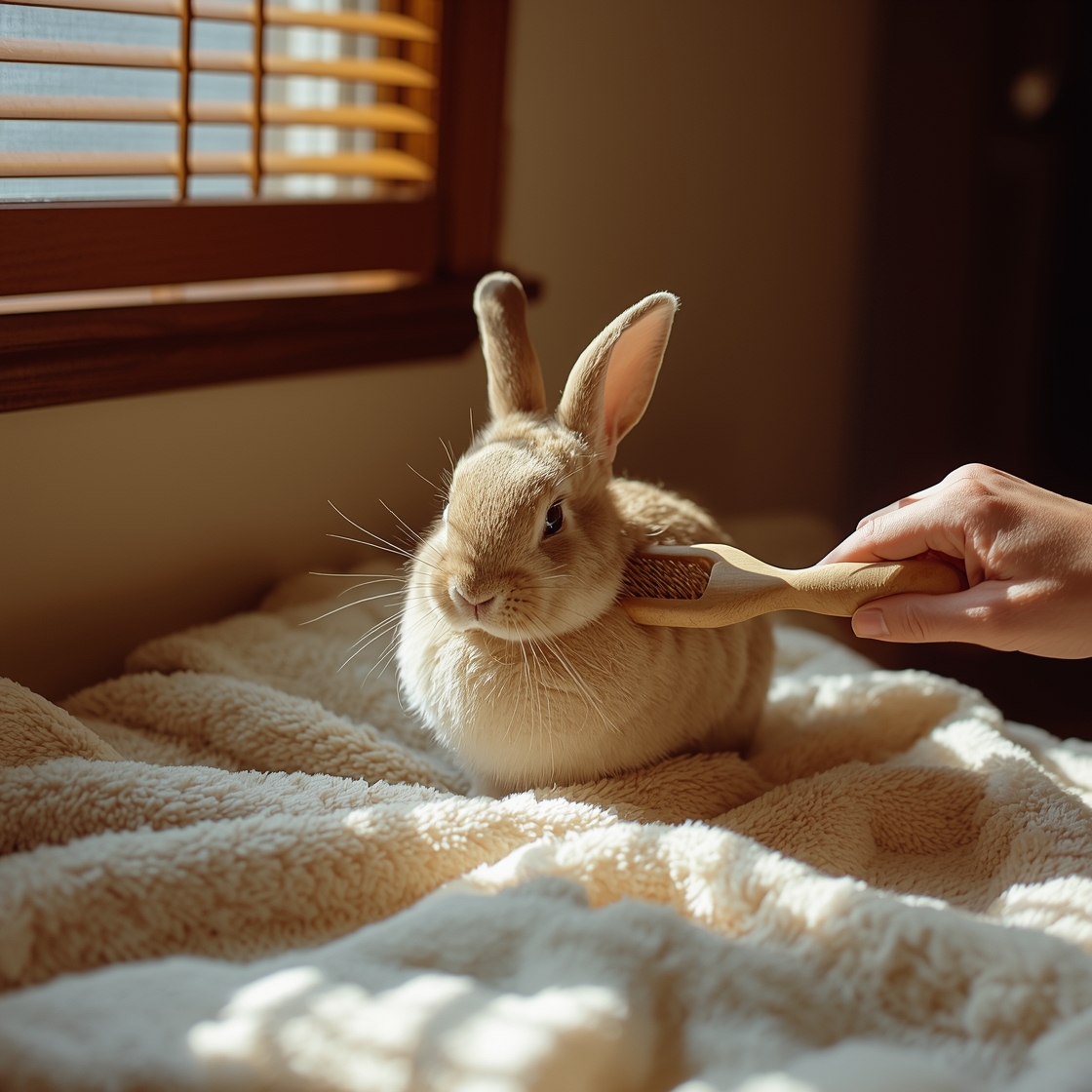 A person gently grooming a calm rabbit with a slicker brush