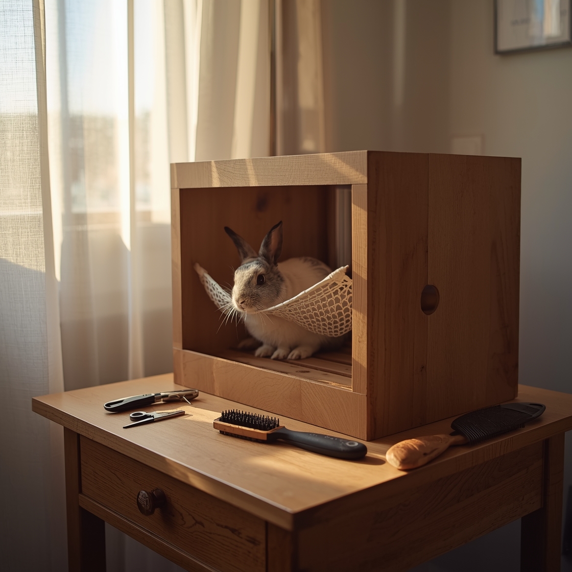 Rabbit safely secured in grooming hammock on wooden table