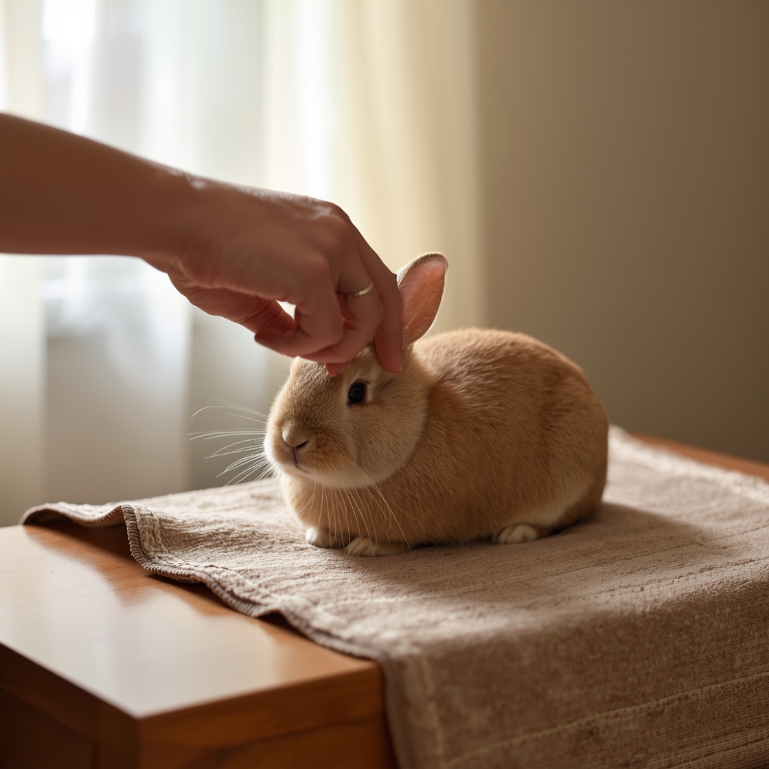 A person gently grooming a rabbit with a soft-bristled brush