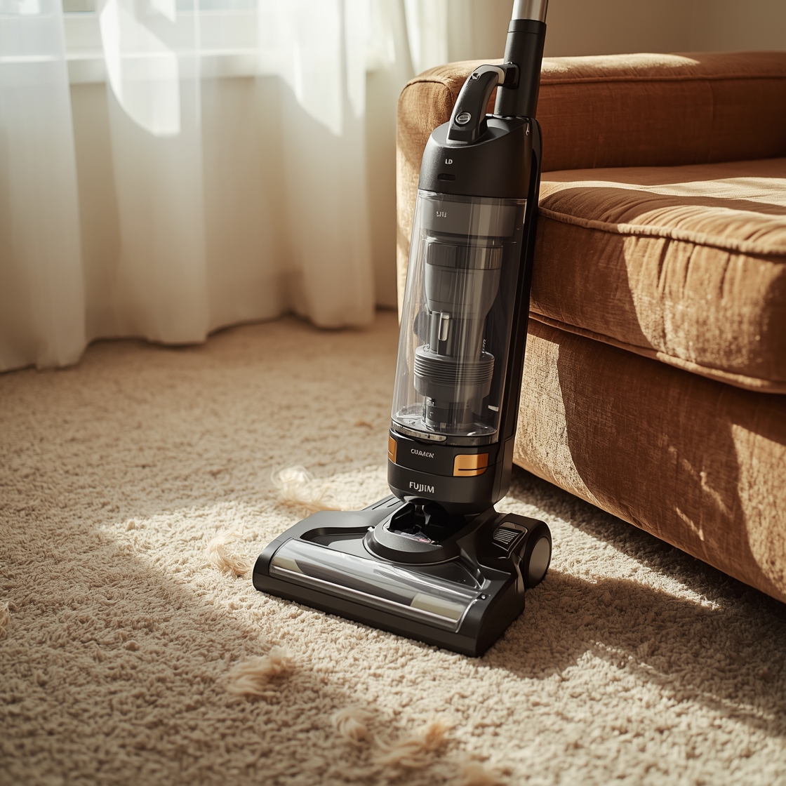 A pet hair vacuum on a carpet beside a couch