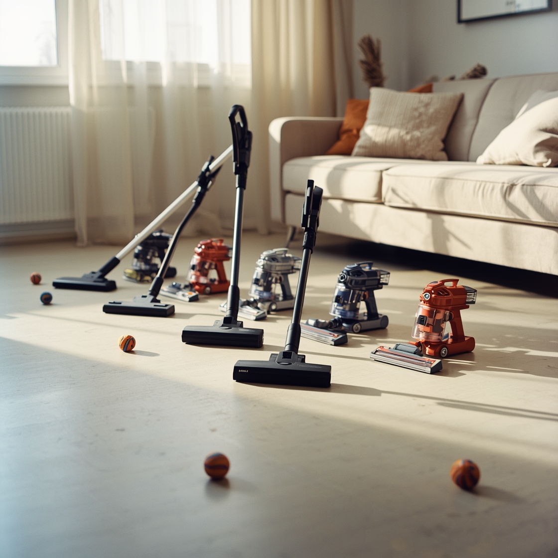 Five pet hair vacuums on a gray floor in a living room