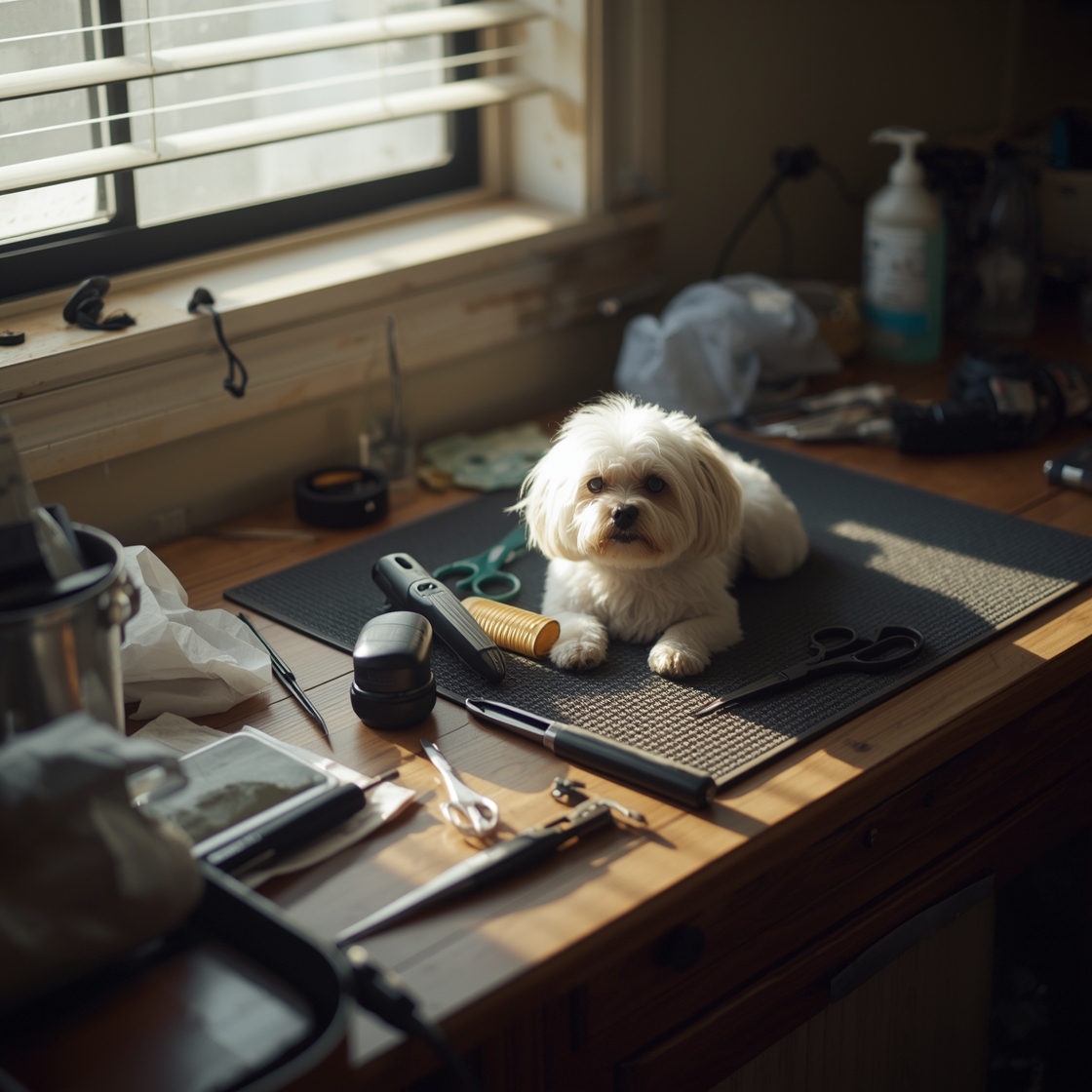Cluttered home workspace with dog grooming tools and small white dog