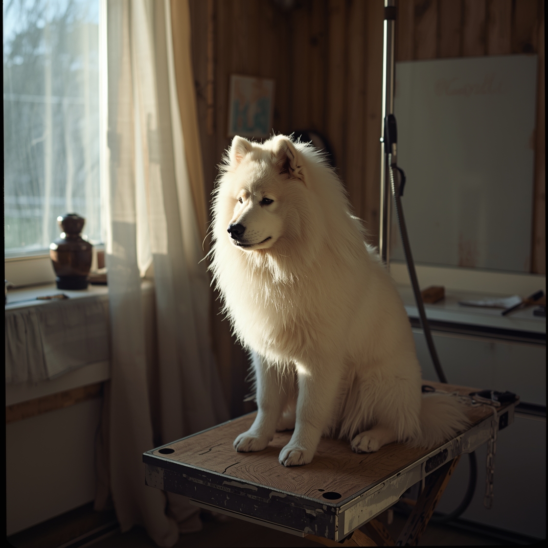 A fluffy white Samoyed sitting on a wooden grooming table