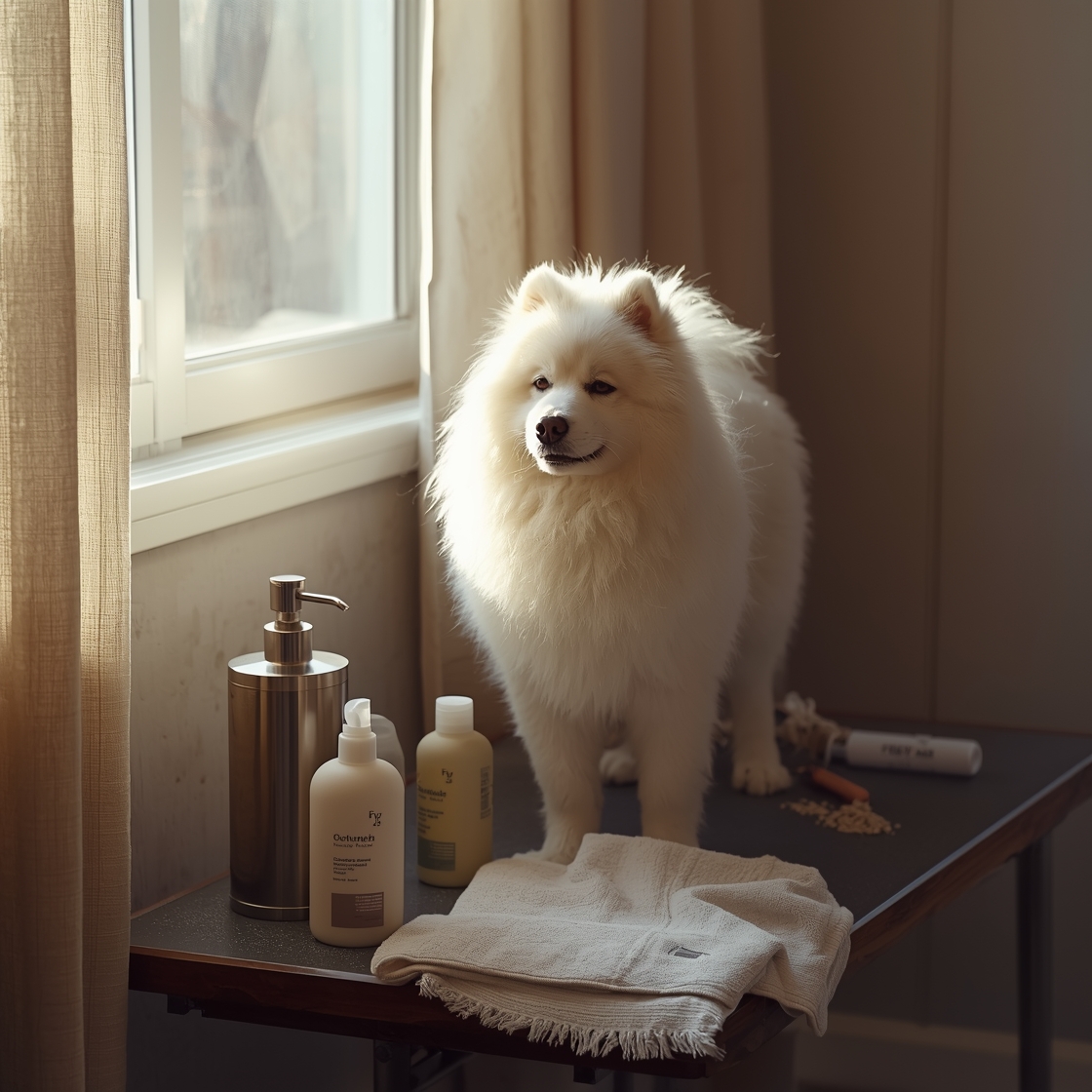 Samoyed surrounded by dog grooming products on concrete floor