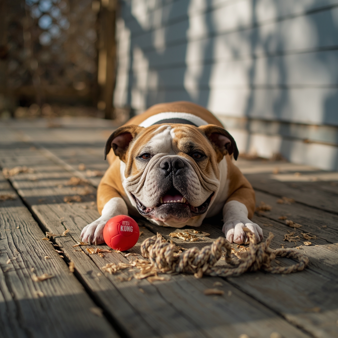 A bulldog with a Kong Extreme dog toy on a wooden deck