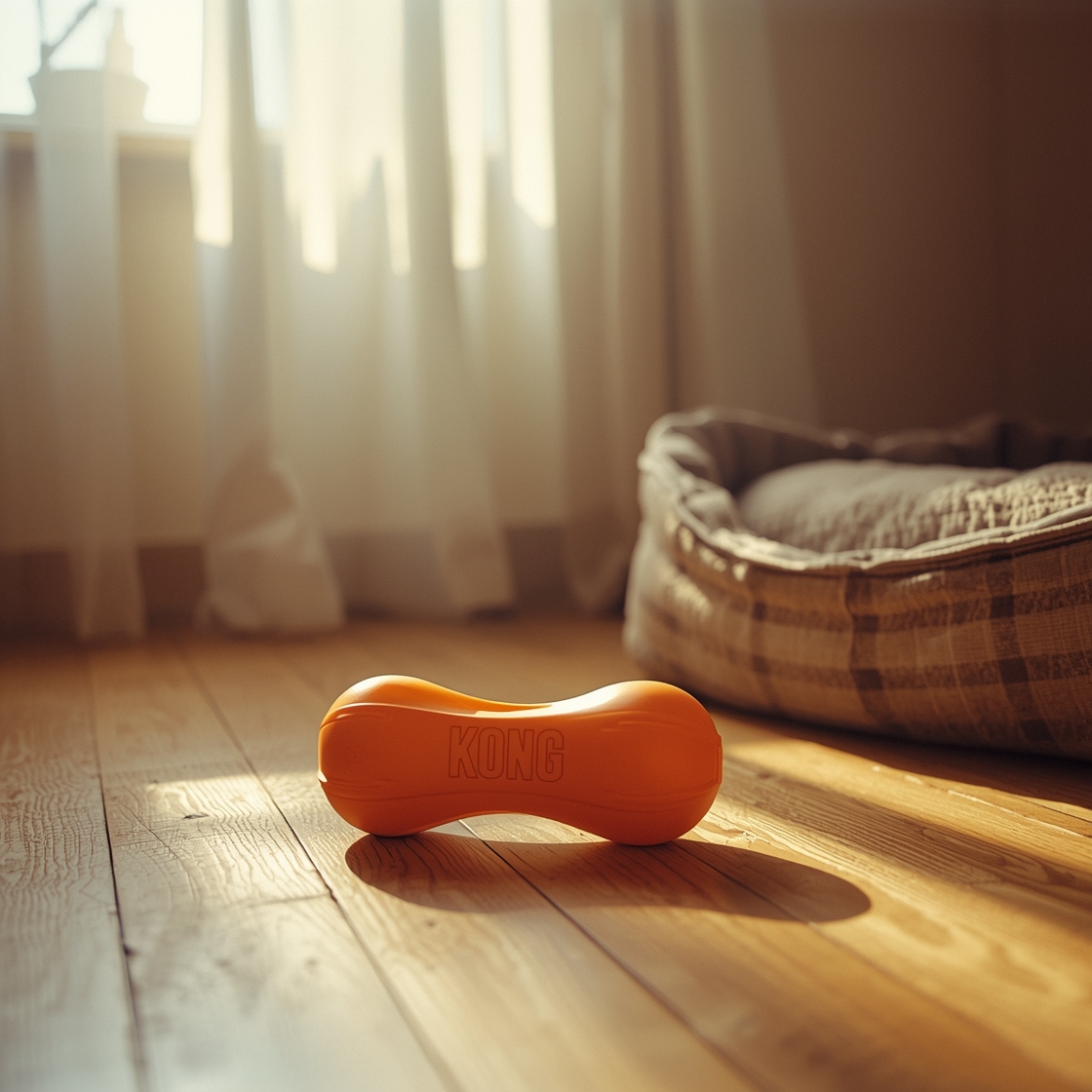 A durable rubber dog chew toy on a wooden floor