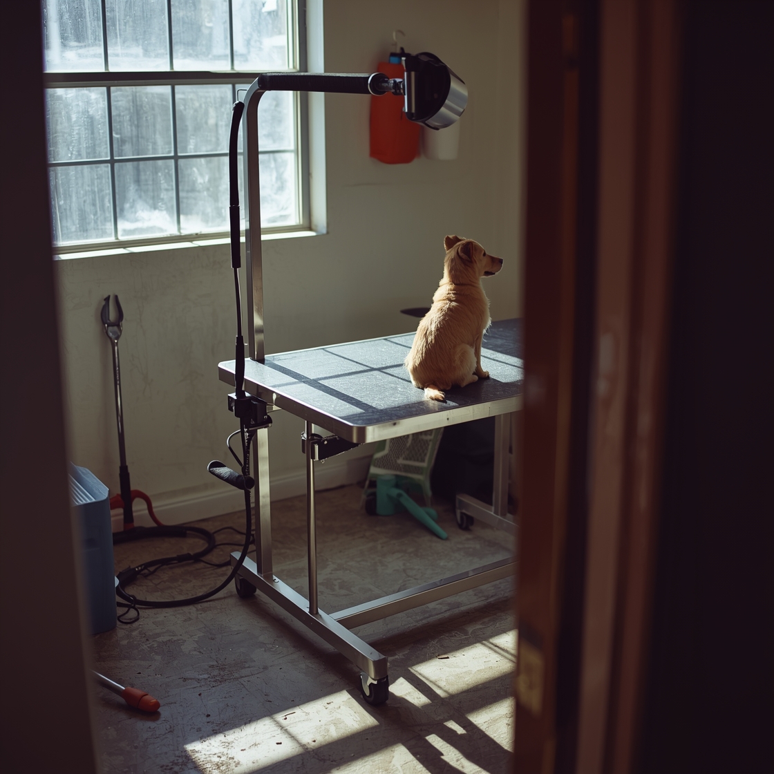 A stainless steel dog grooming table in a home garage