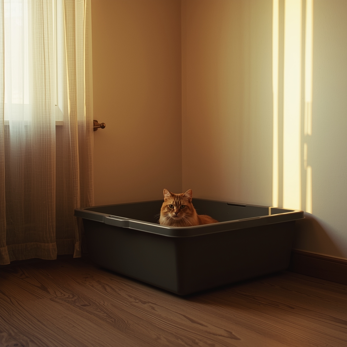 Large cat litter box in a quiet home corner