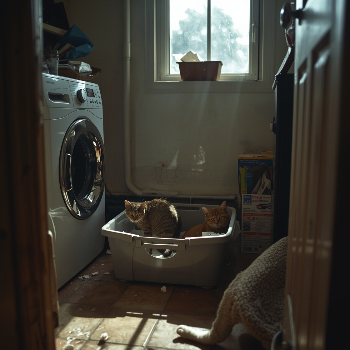 Cluttered laundry room with large cat litter box on floor