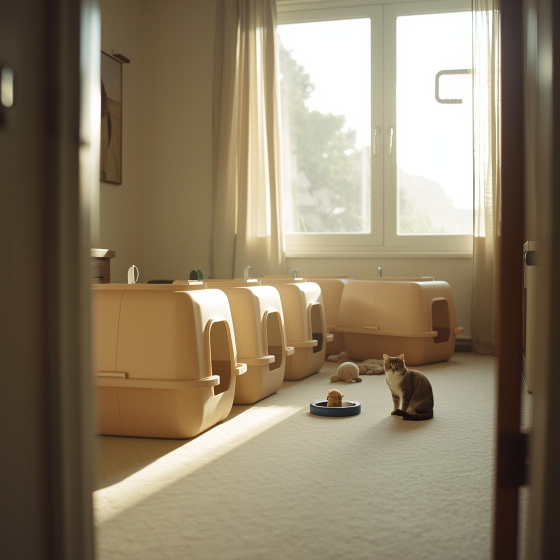 Four large cat litter boxes side by side on floor