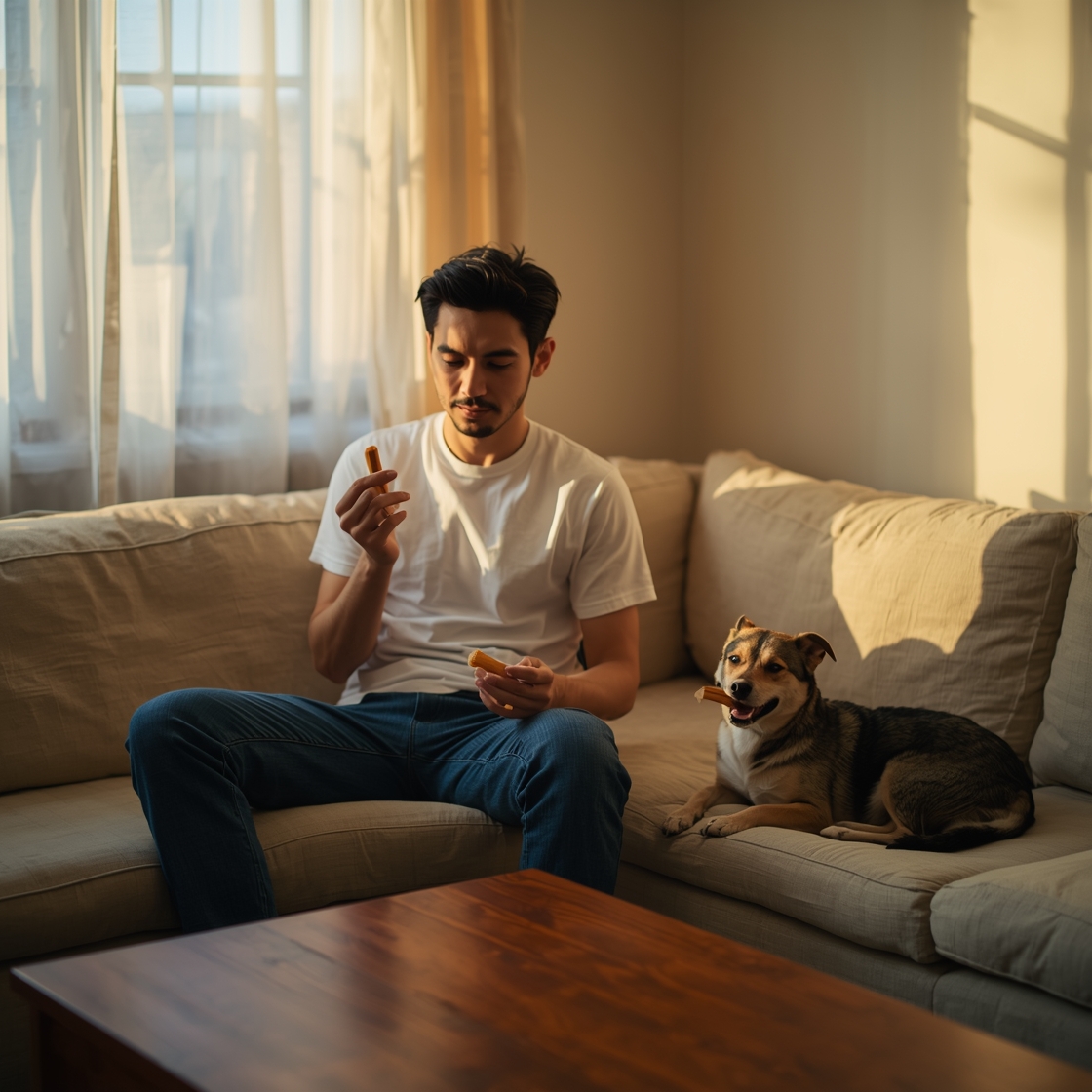 Pet owner considering dental chews for dog and cat