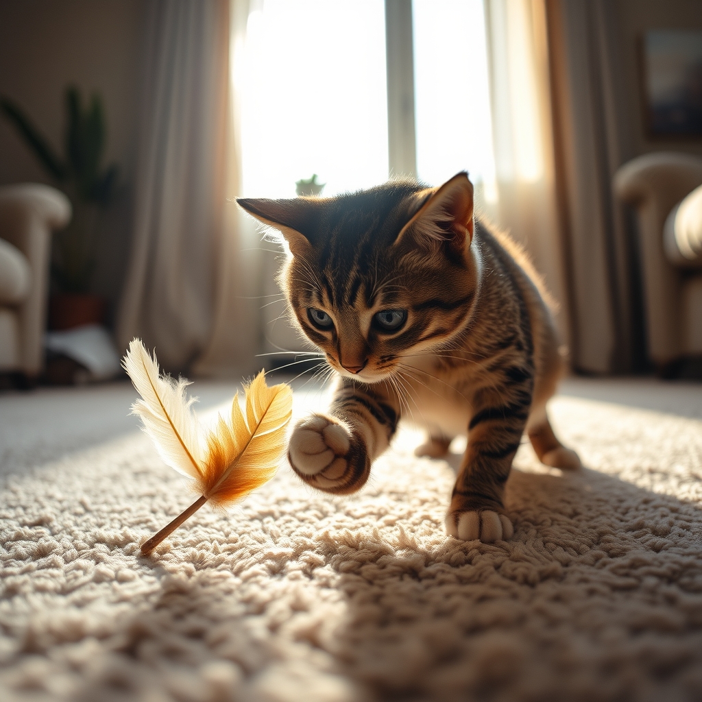 Tabby cat playing with feather teaser on a rug in home office