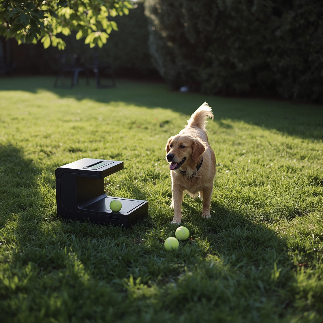 Automatic ball launcher for dogs on green lawn beside happy retriever