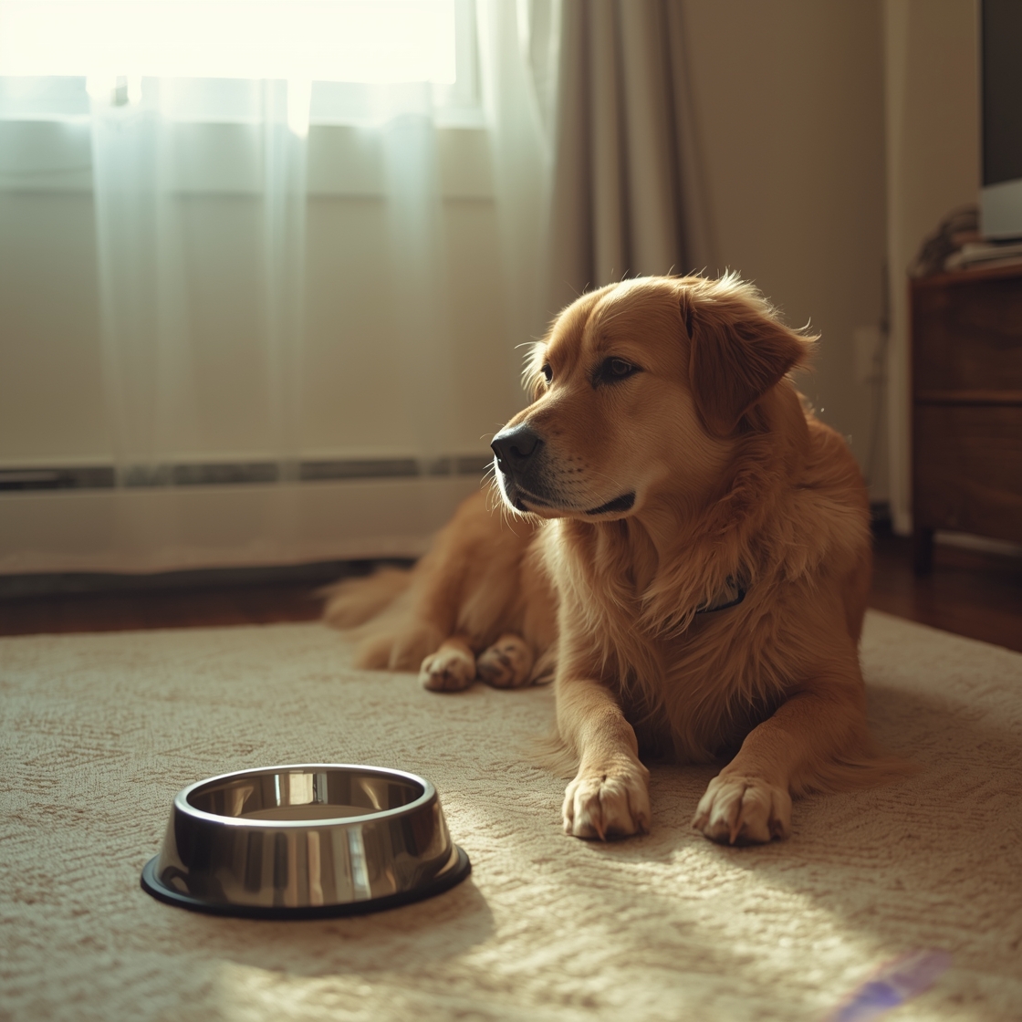 Overweight golden retriever mix sitting beside empty food bowl indoors