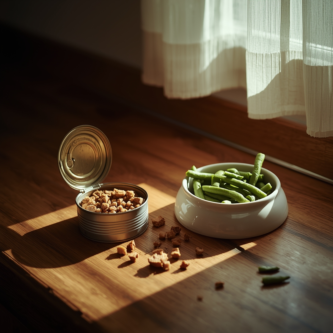 Wet dog food in a bowl and open can on kitchen counter