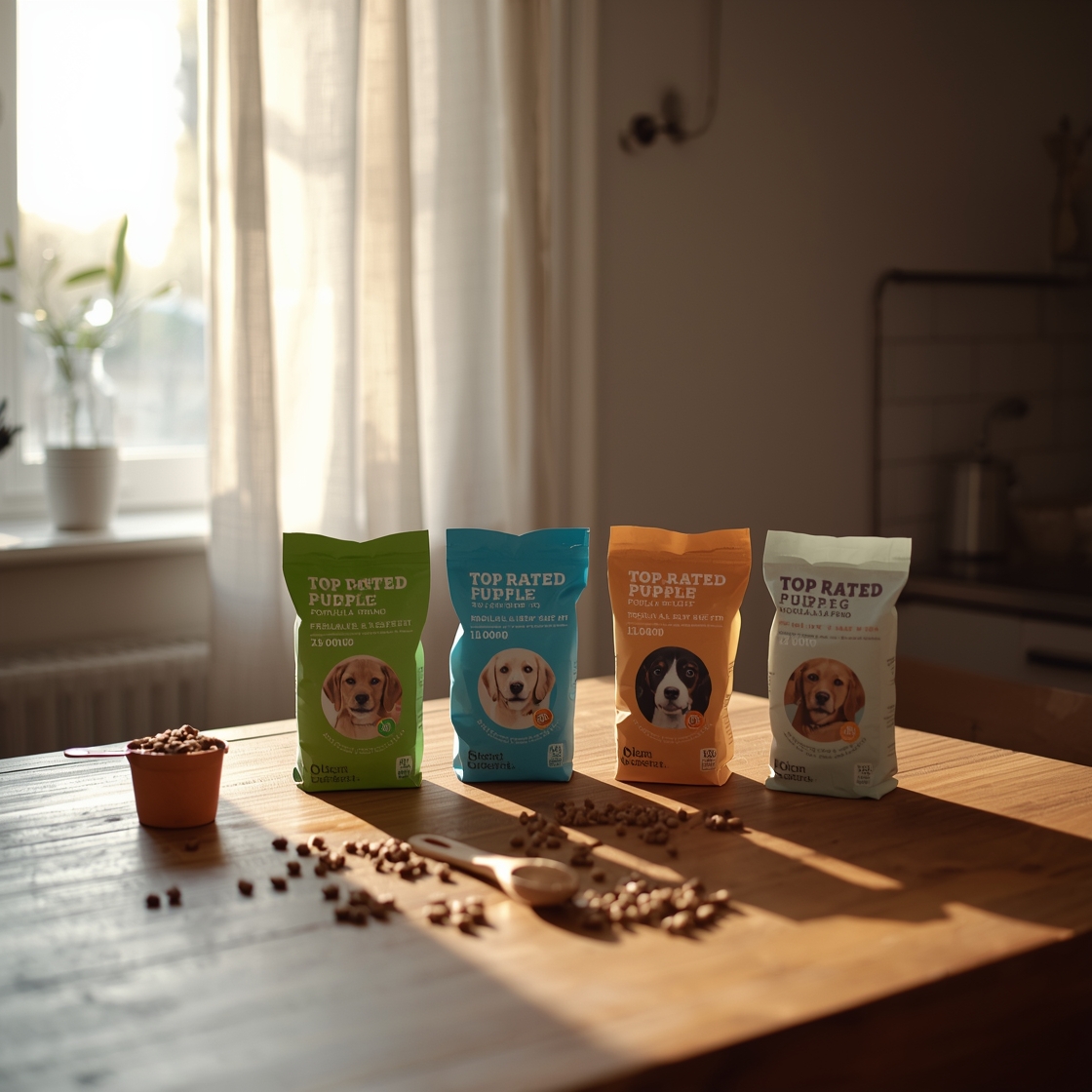 Assorted puppy food formulas on a wooden kitchen table