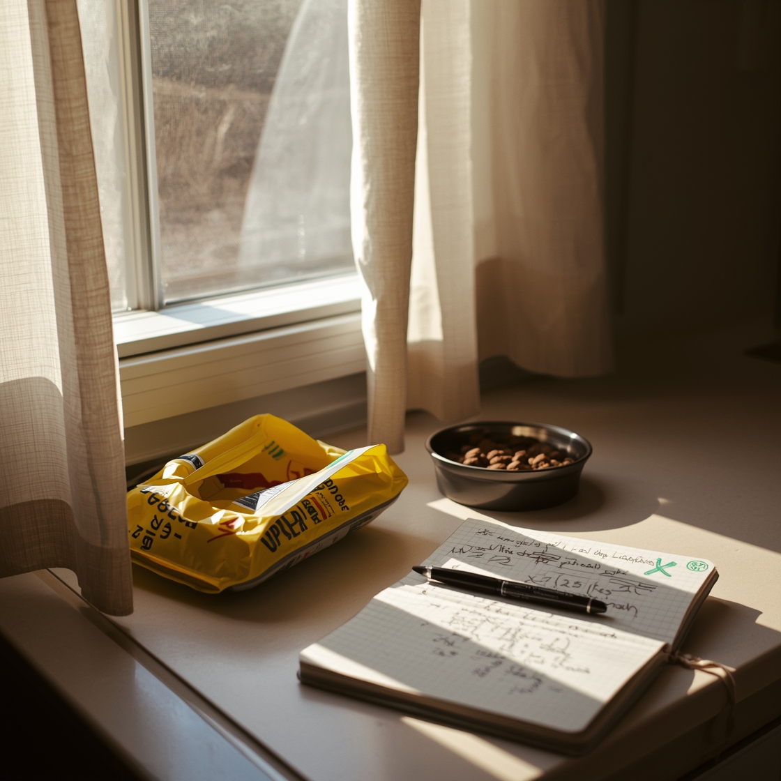 A kitchen counter with dog food and notebook for testing
