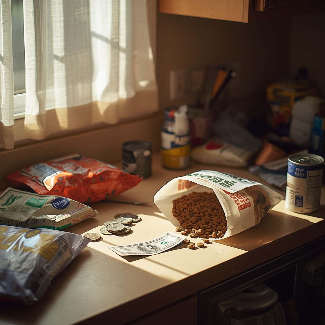 Dog food bags and cans on a kitchen countertop with spilled kibble