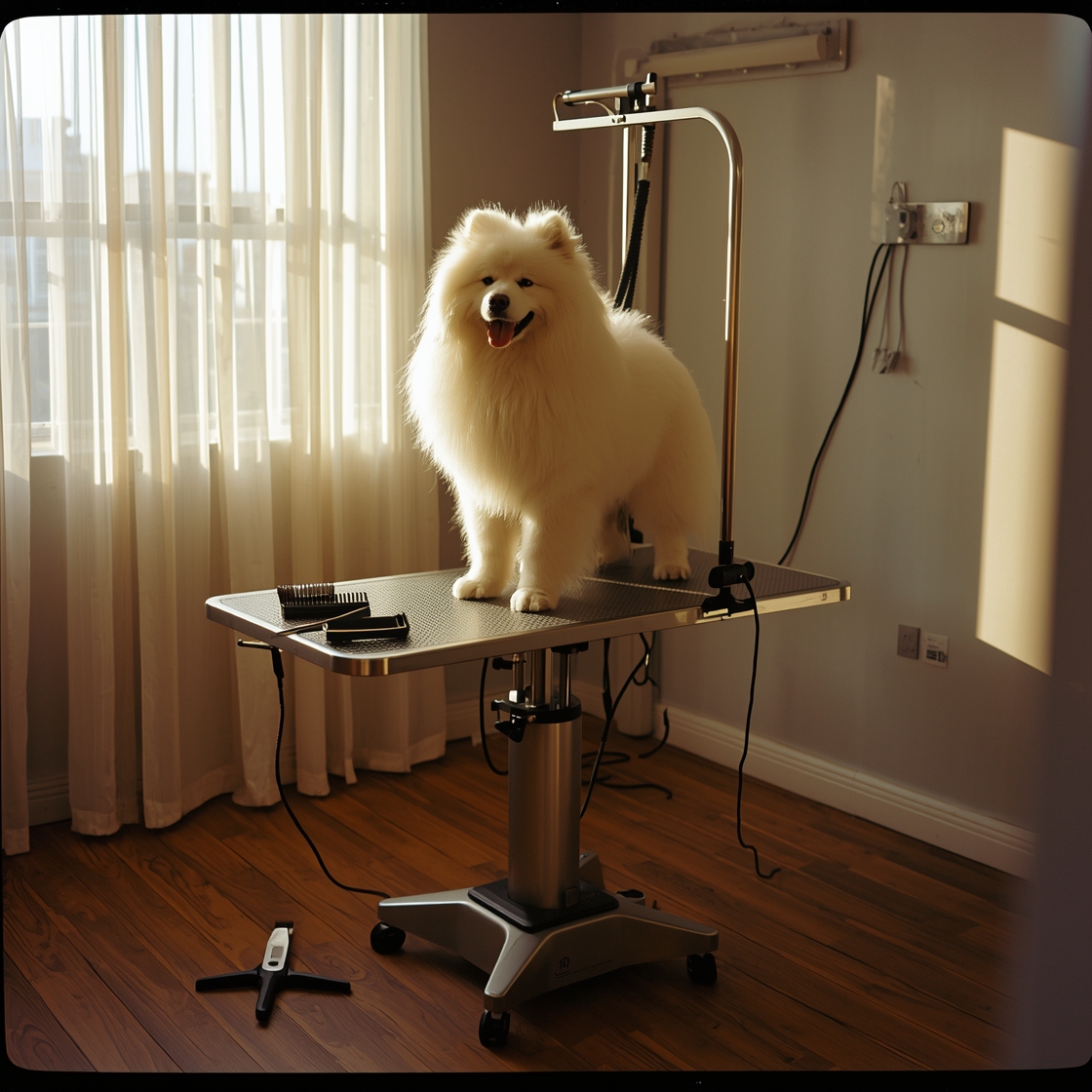 Large dog on stainless steel grooming table in pet salon