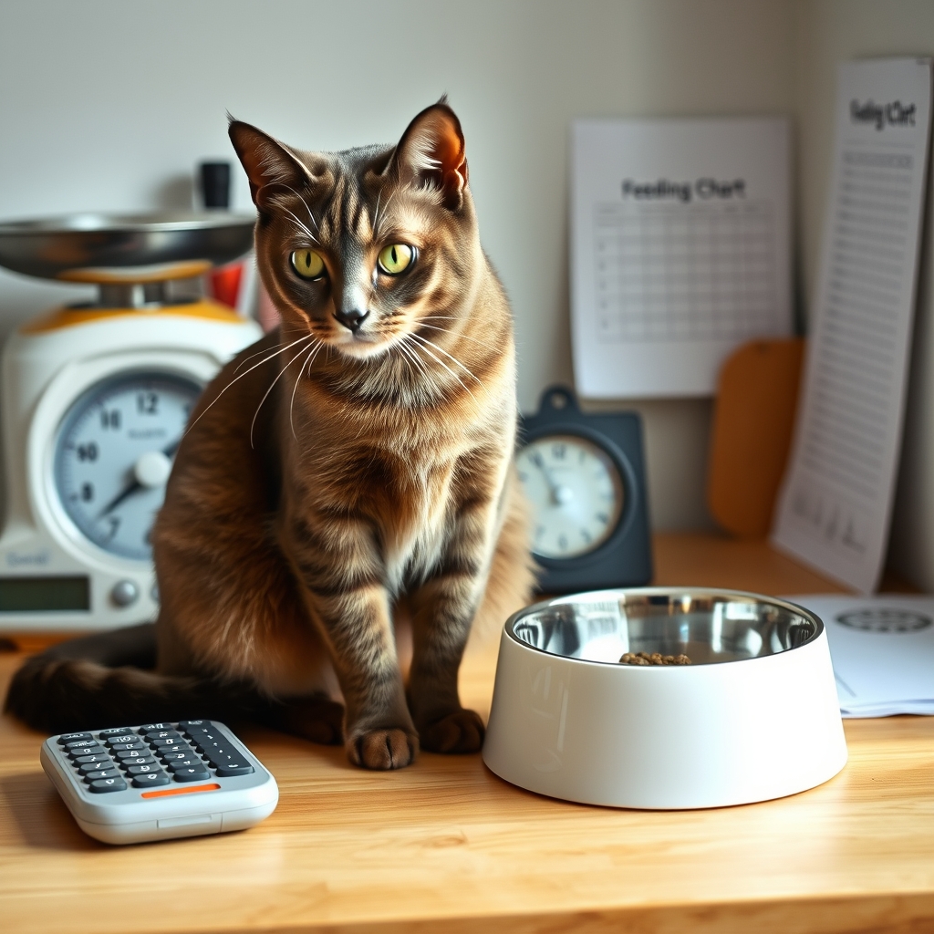 cat beside pet food bowl and feeding planning tools