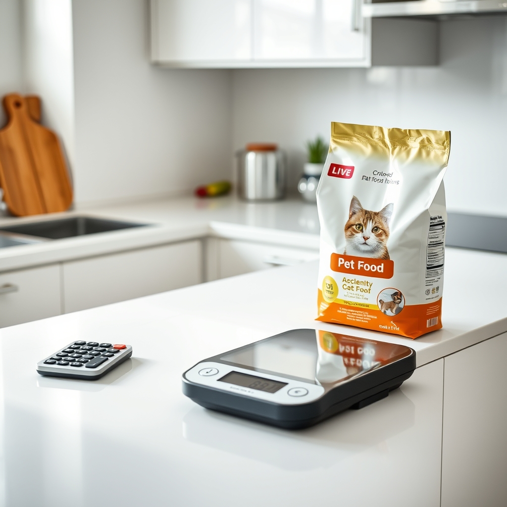 Cat food calculator and digital scale on kitchen counter