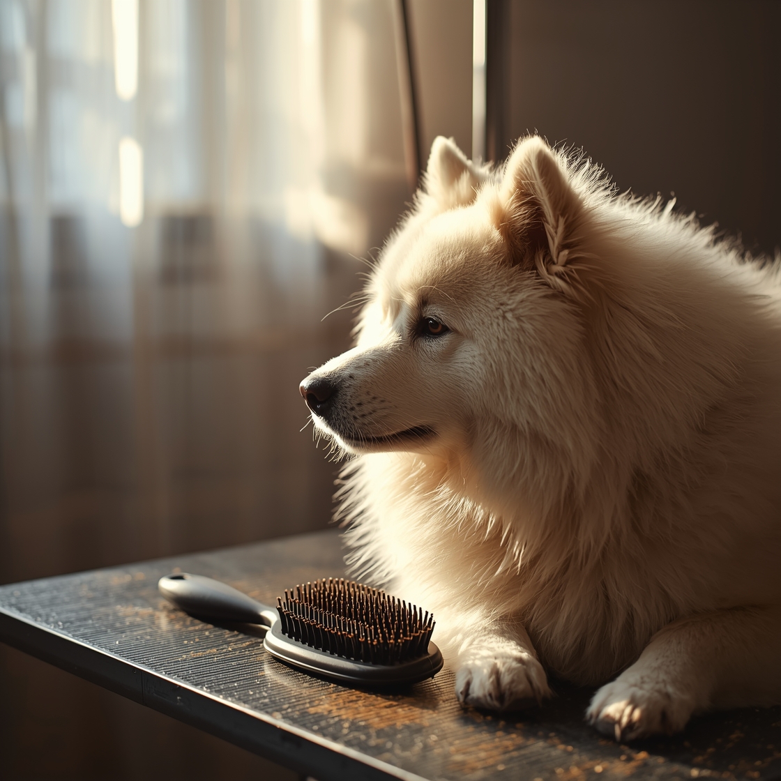 Dog grooming brush on a wooden table beside a fluffy Samoyed
