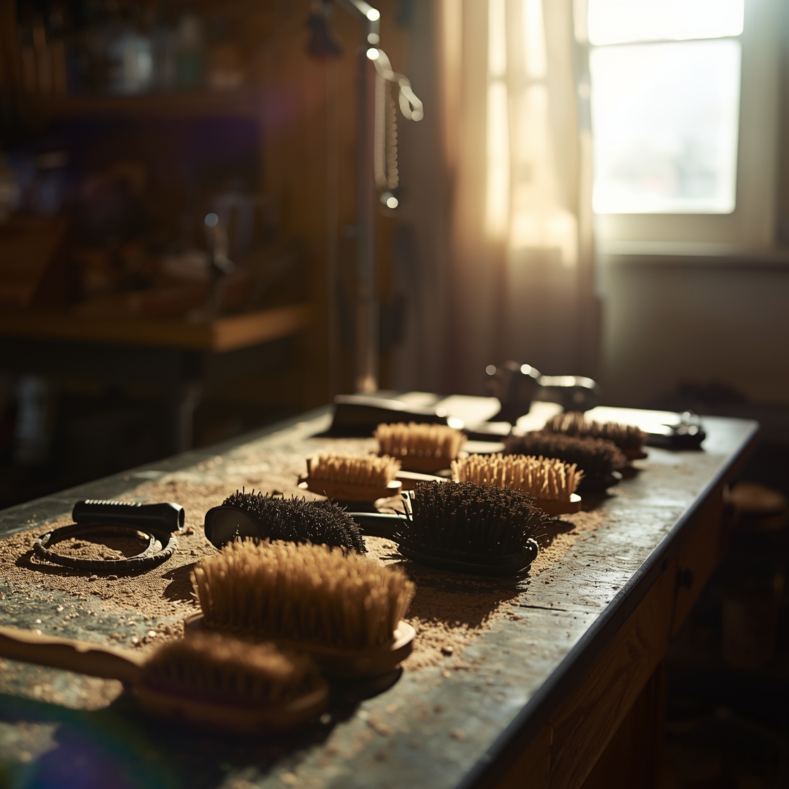 Seven dog grooming brushes for thick coats on a workbench