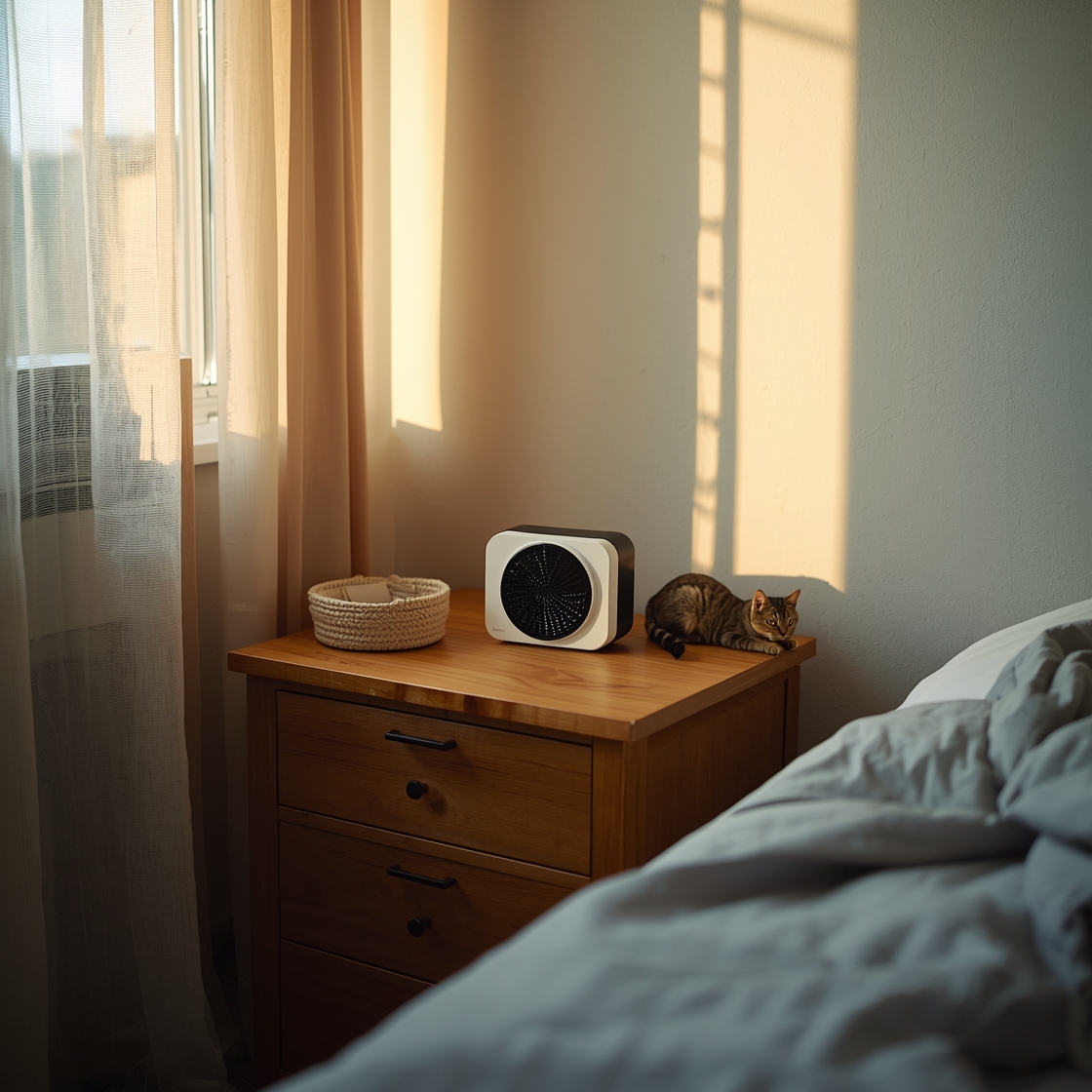 Air purifier on nightstand beside pet bed with toys