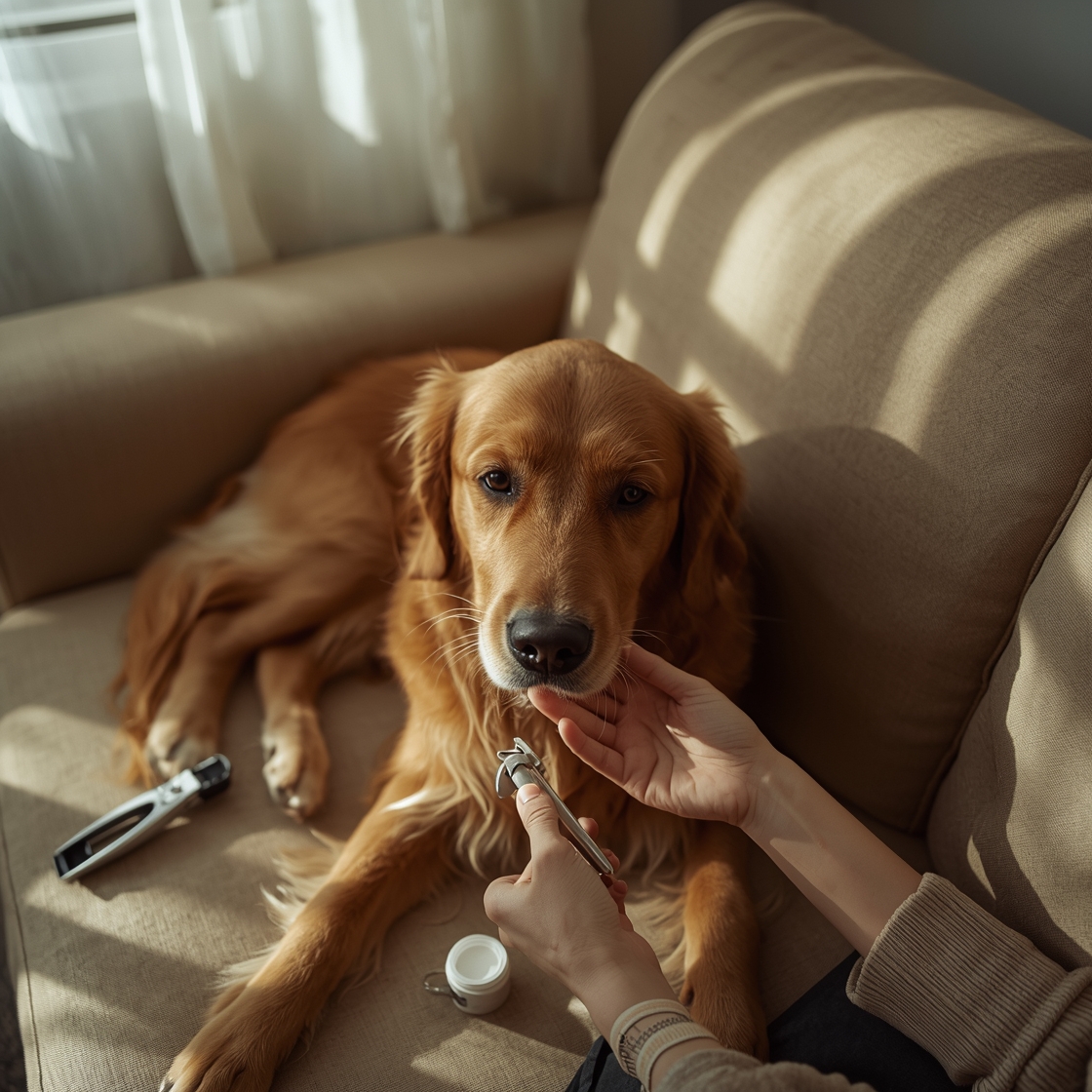 A person gently trimming a golden retriever's nails at home