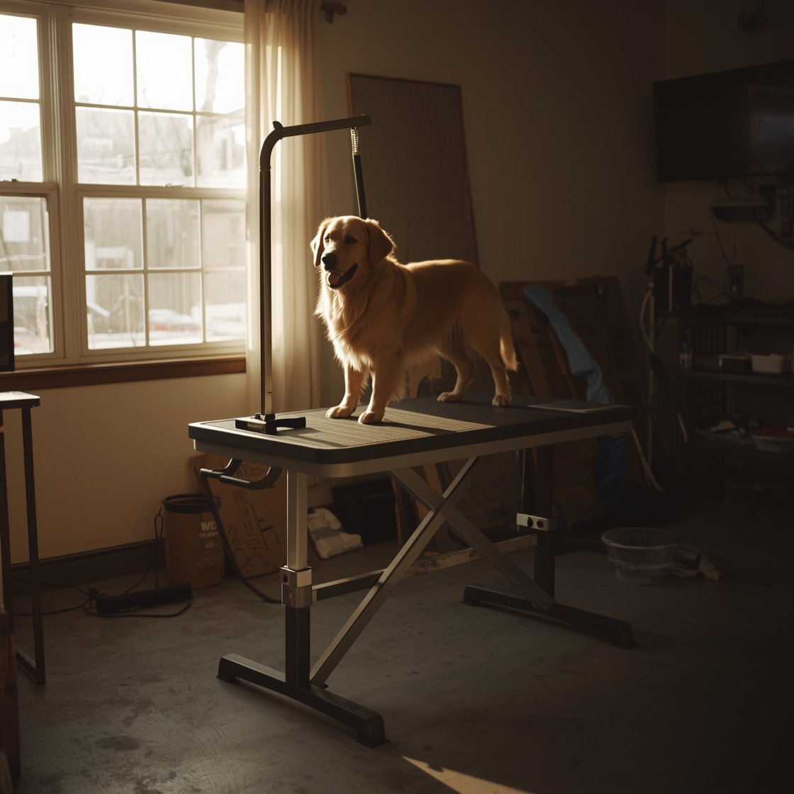 Dog on a grooming table in a home garage